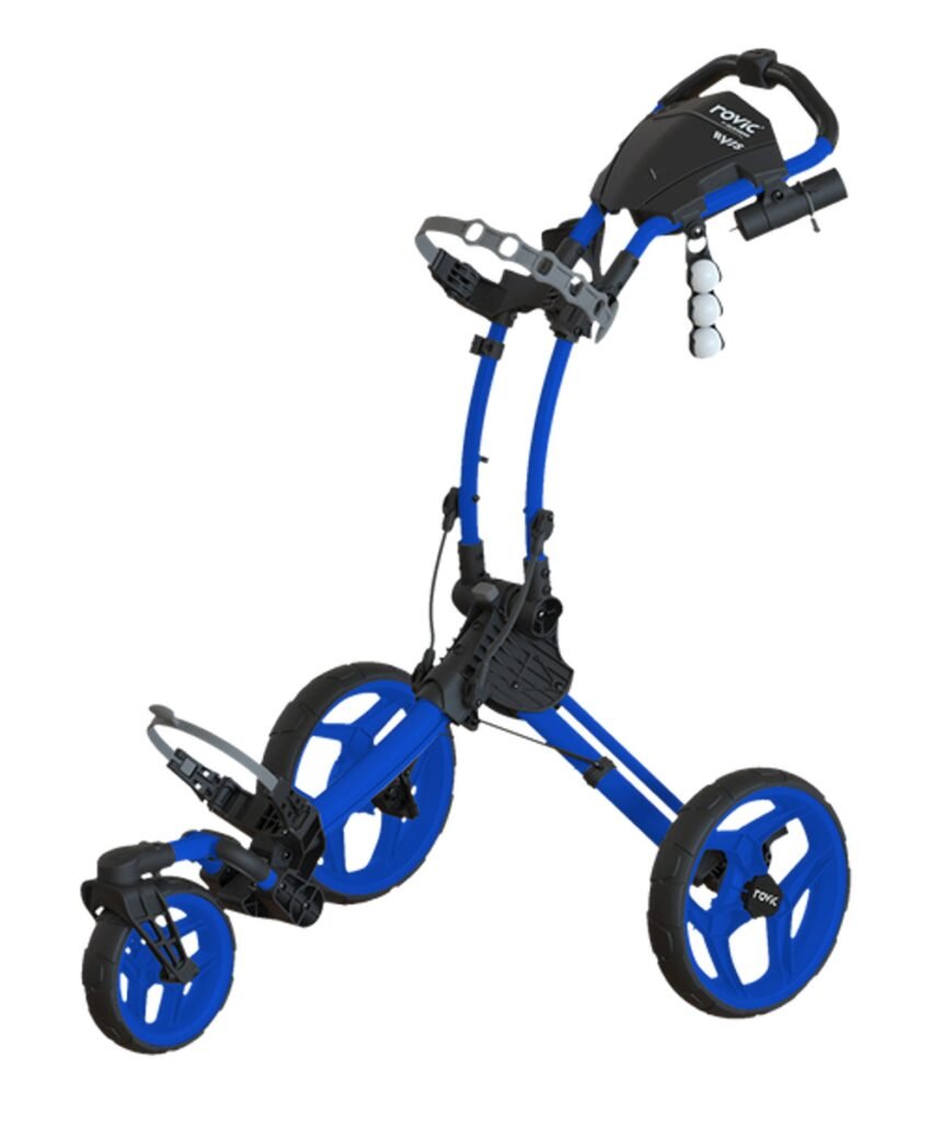 Rovic RV1S 2.0 blue and black three-wheel golf push cart